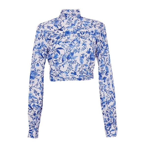 High Neck Open-Back Blue & White Toile Tie- Neck Top - Picture 1 of 7
